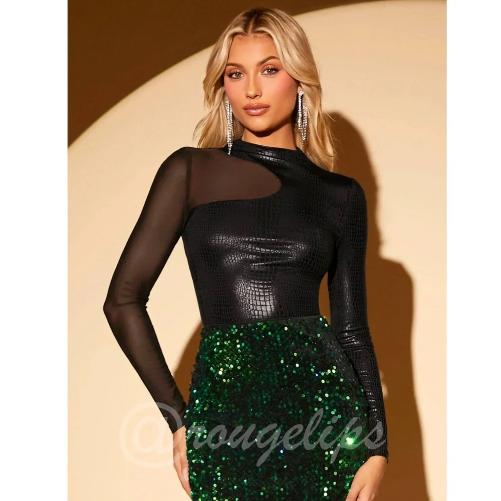 Black Reptile Pattern Textured Mesh Insert Asymmetrical Long Sleeve Tee Shirt - Picture 7 of 8